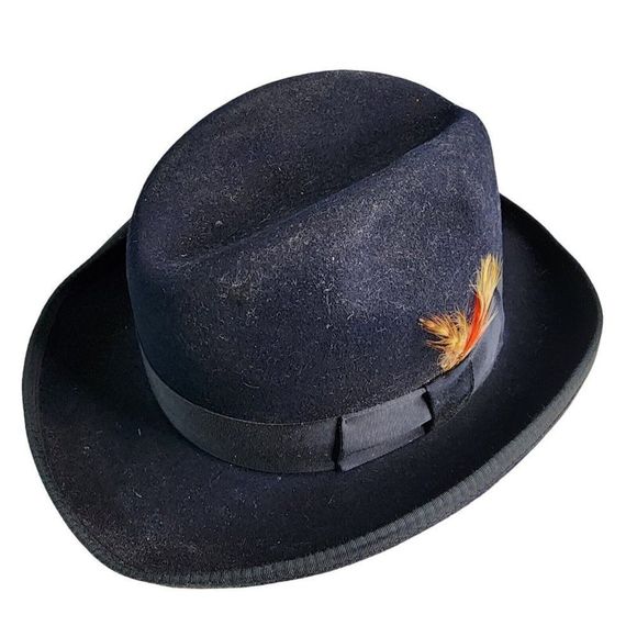 Reed Hill Fur Blend Hat Size 7 Custom Made Navy Blue With Band and Feather - Picture 2 of 13